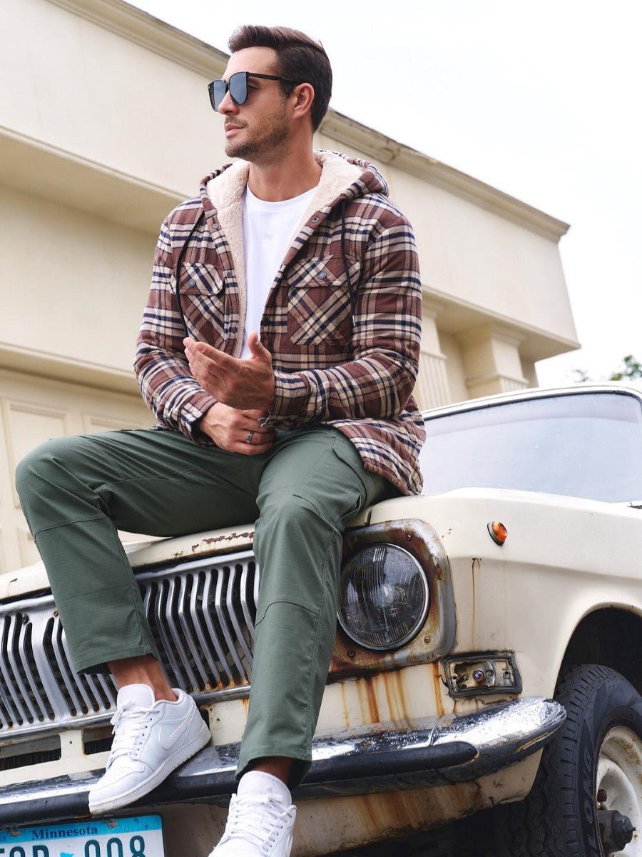 Men's Flannel Plaid Shirt Jacket With 5 Pockets