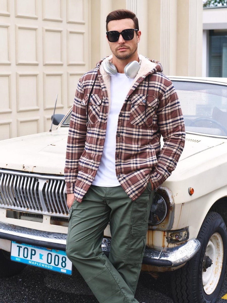 Men's Flannel Plaid Shirt Jacket With 5 Pockets