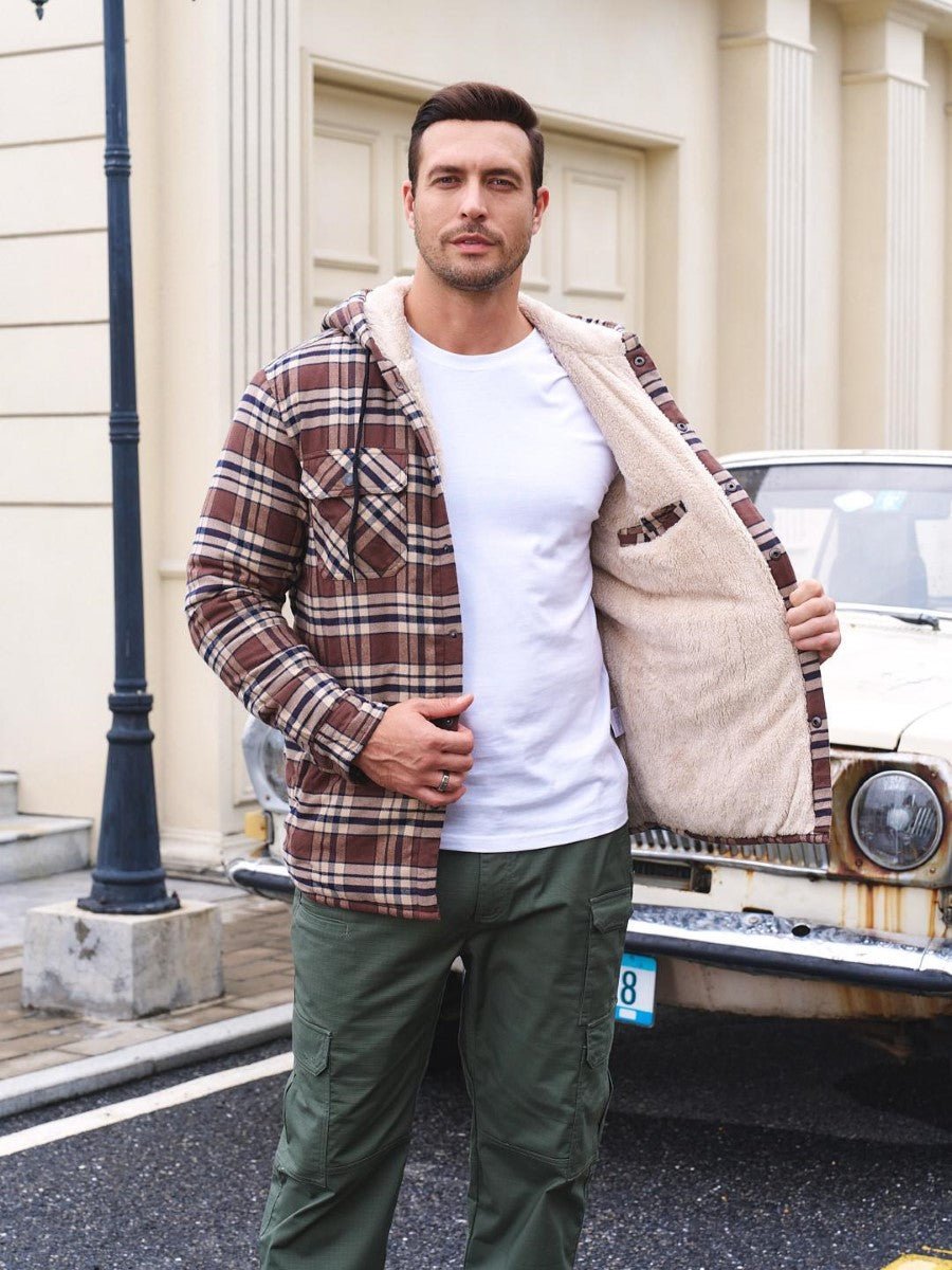 Men's Flannel Plaid Shirt Jacket With 5 Pockets