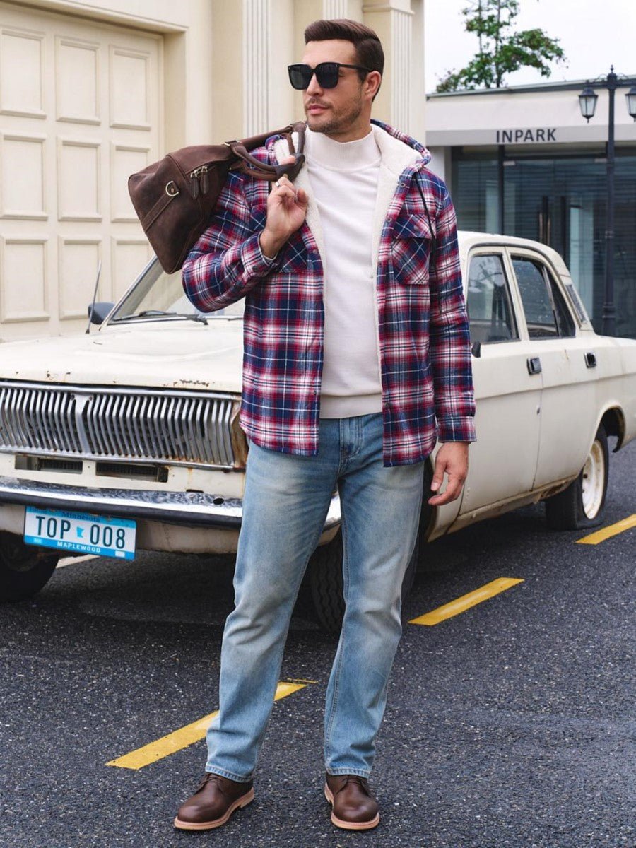 Men's Flannel Plaid Shirt Jacket With 5 Pockets
