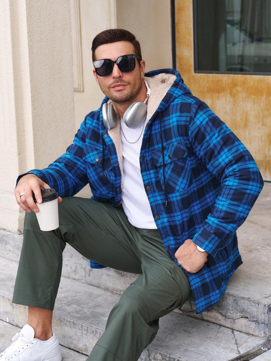 Men's Flannel Plaid Shirt Jacket With 5 Pockets