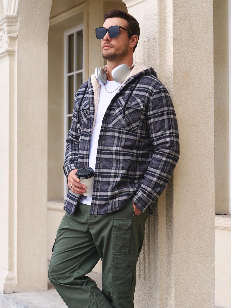 Men's Flannel Plaid Shirt Jacket With 5 Pockets