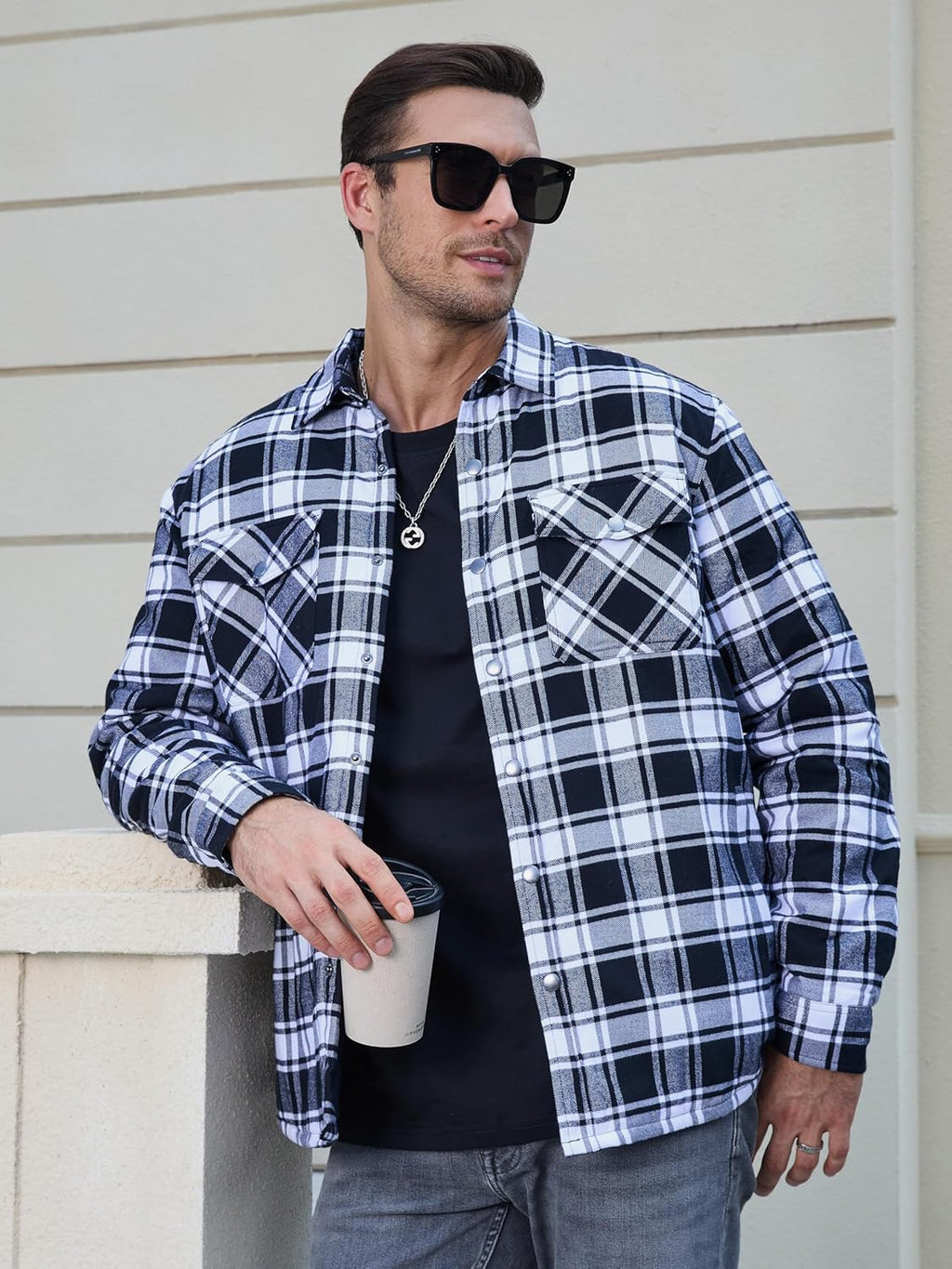 Men's Casual Plaid Long Sleeve Button Up Flannel Shirt Jacket