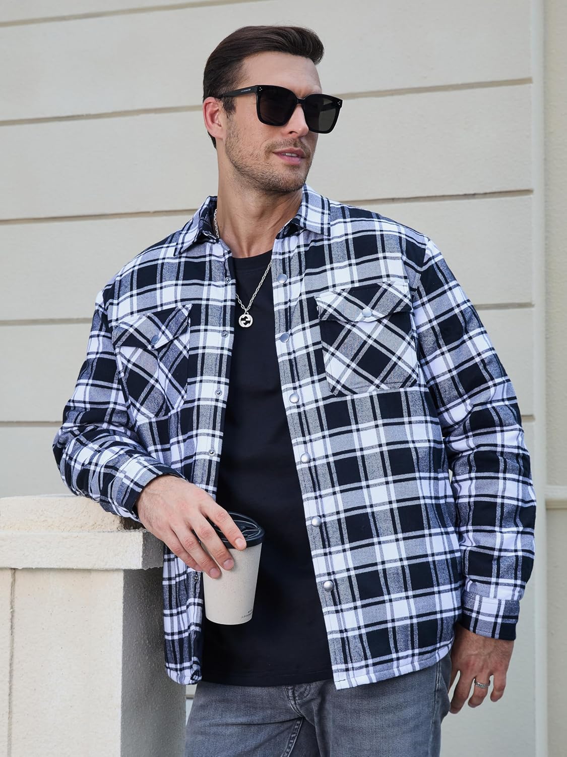Men's Casual Plaid Long Sleeve Button Up Flannel Shirt Jacket