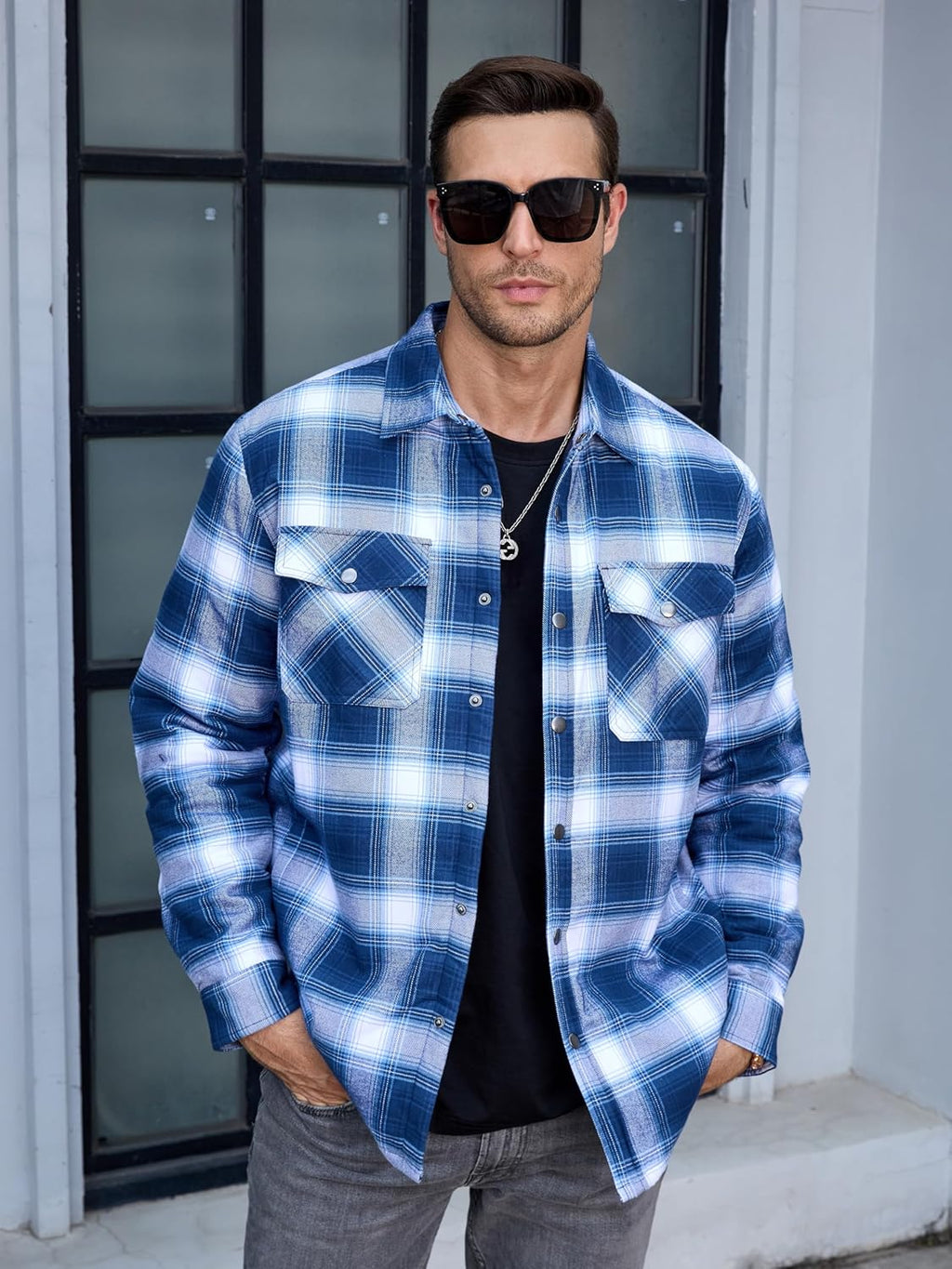 Men's Casual Plaid Long Sleeve Button Up Flannel Shirt Jacket