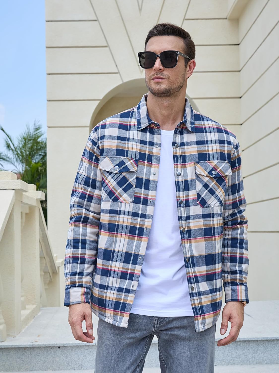 Men's Casual Plaid Long Sleeve Button Up Flannel Shirt Jacket