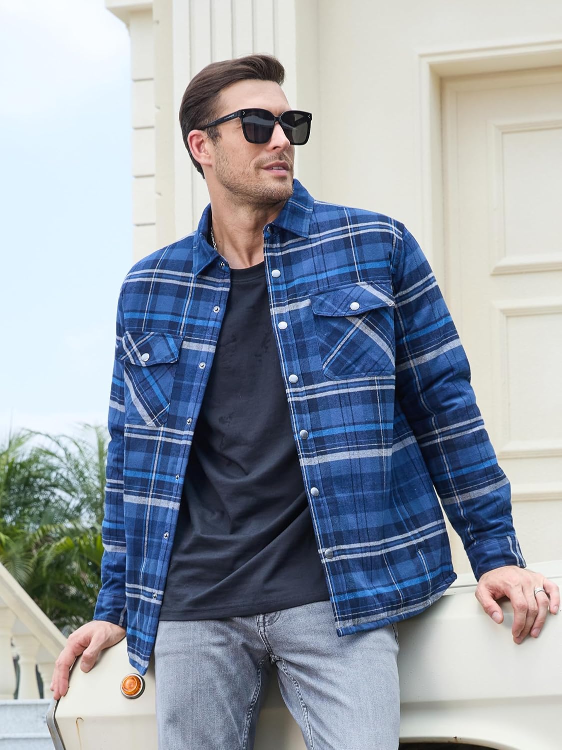 Men's Casual Plaid Long Sleeve Button Up Flannel Shirt Jacket