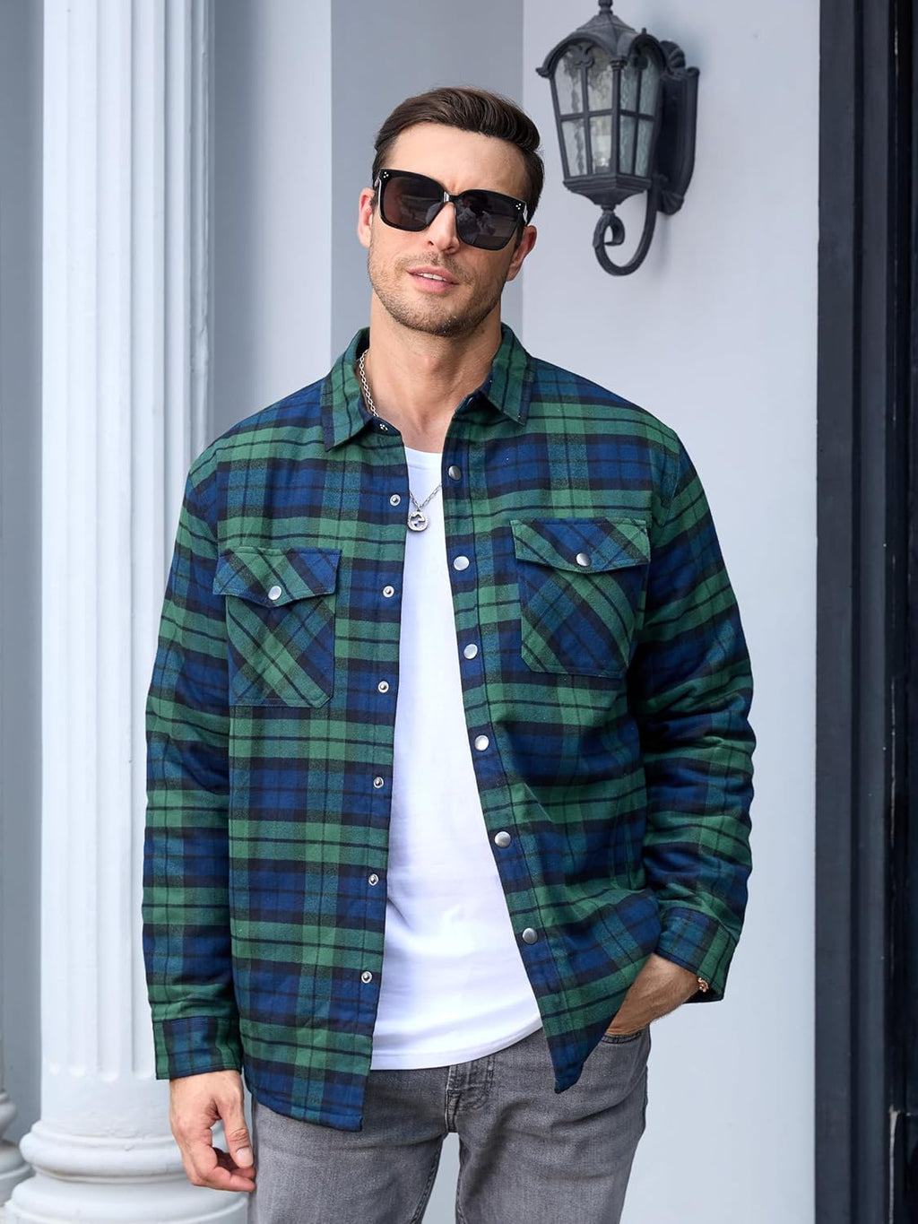 Men's Casual Plaid Long Sleeve Button Up Flannel Shirt Jacket