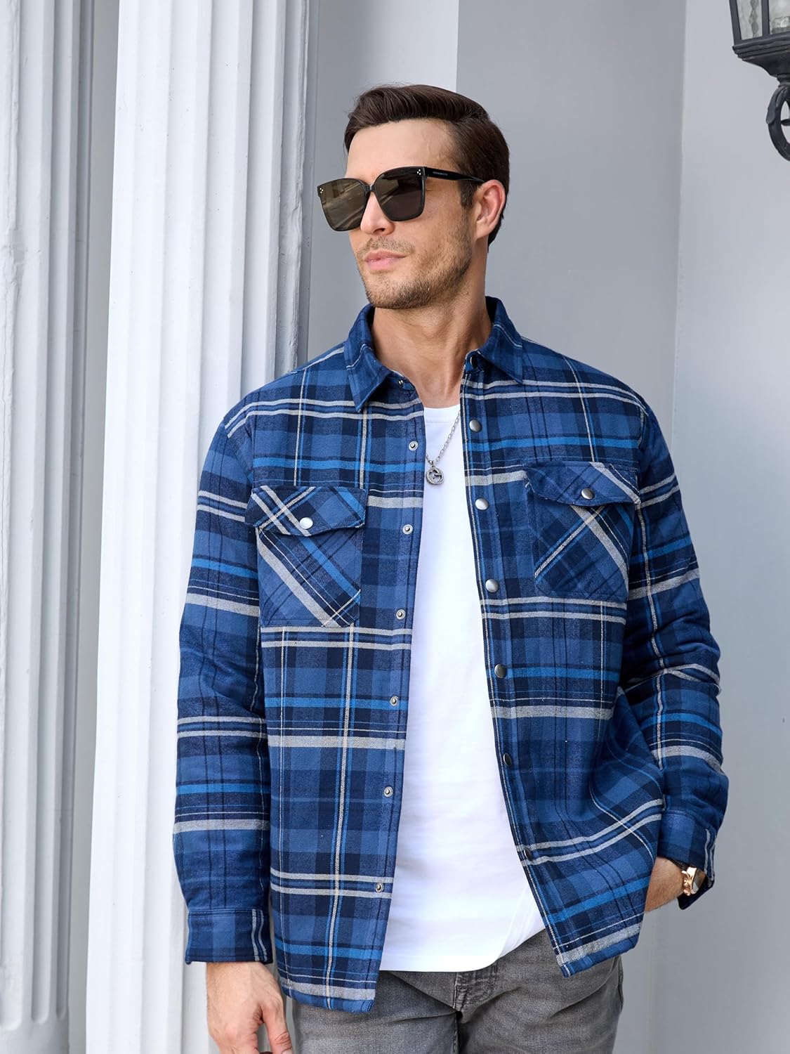 Men's Casual Plaid Long Sleeve Button Up Flannel Shirt Jacket