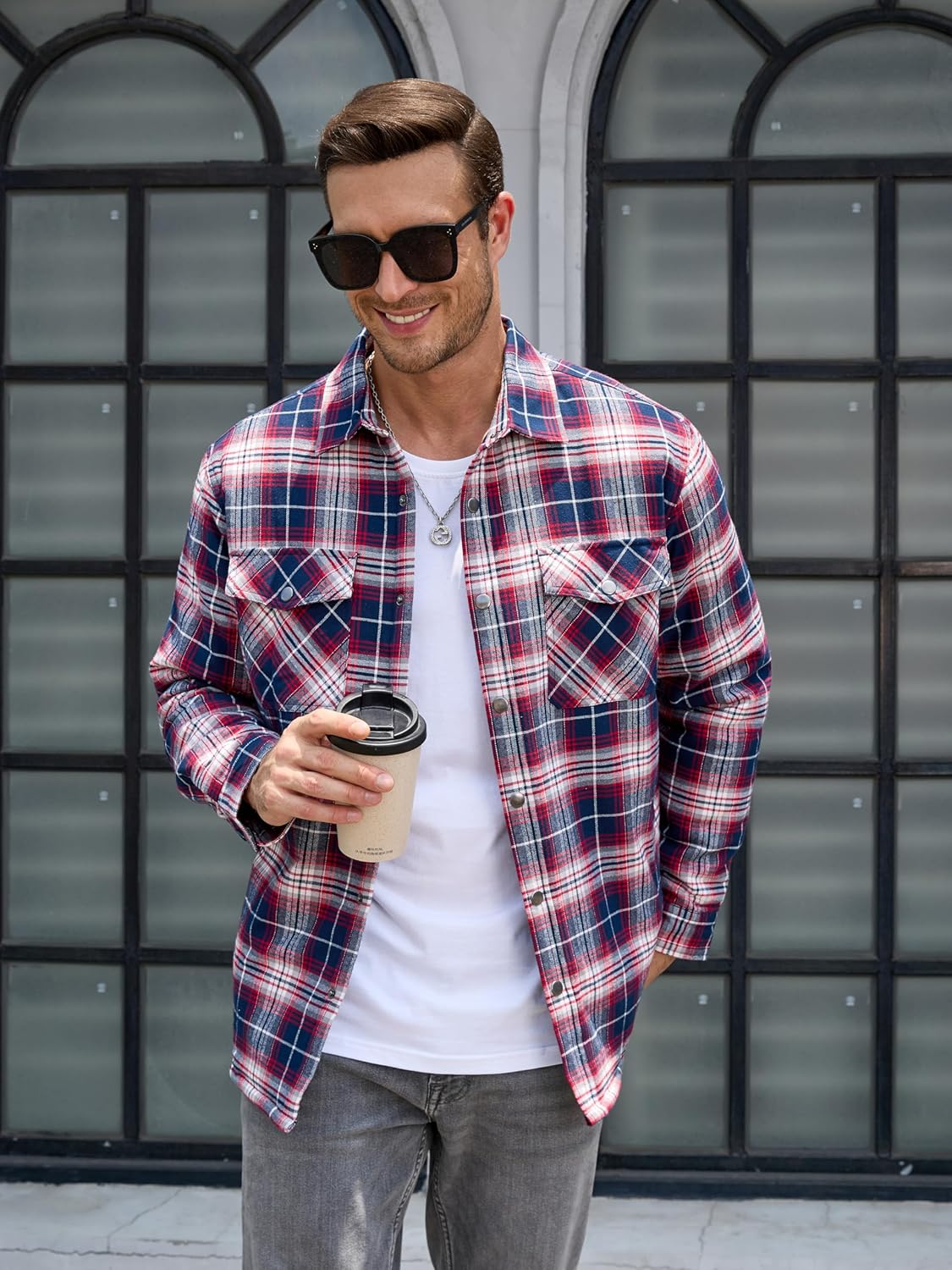 Men's Casual Plaid Long Sleeve Button Up Flannel Shirt Jacket