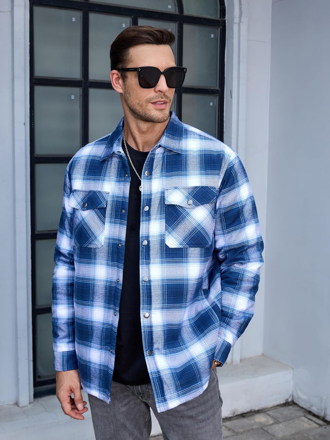 Men's Casual Plaid Long Sleeve Button Up Flannel Shirt Jacket