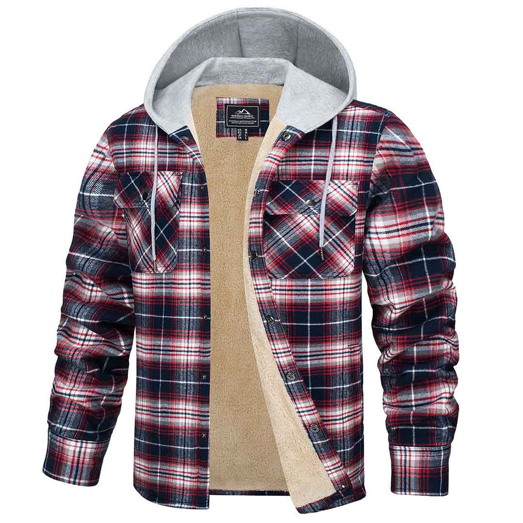 Men's Fleece Lined Plaid Hooded Multi Pocket Flannel Jacket