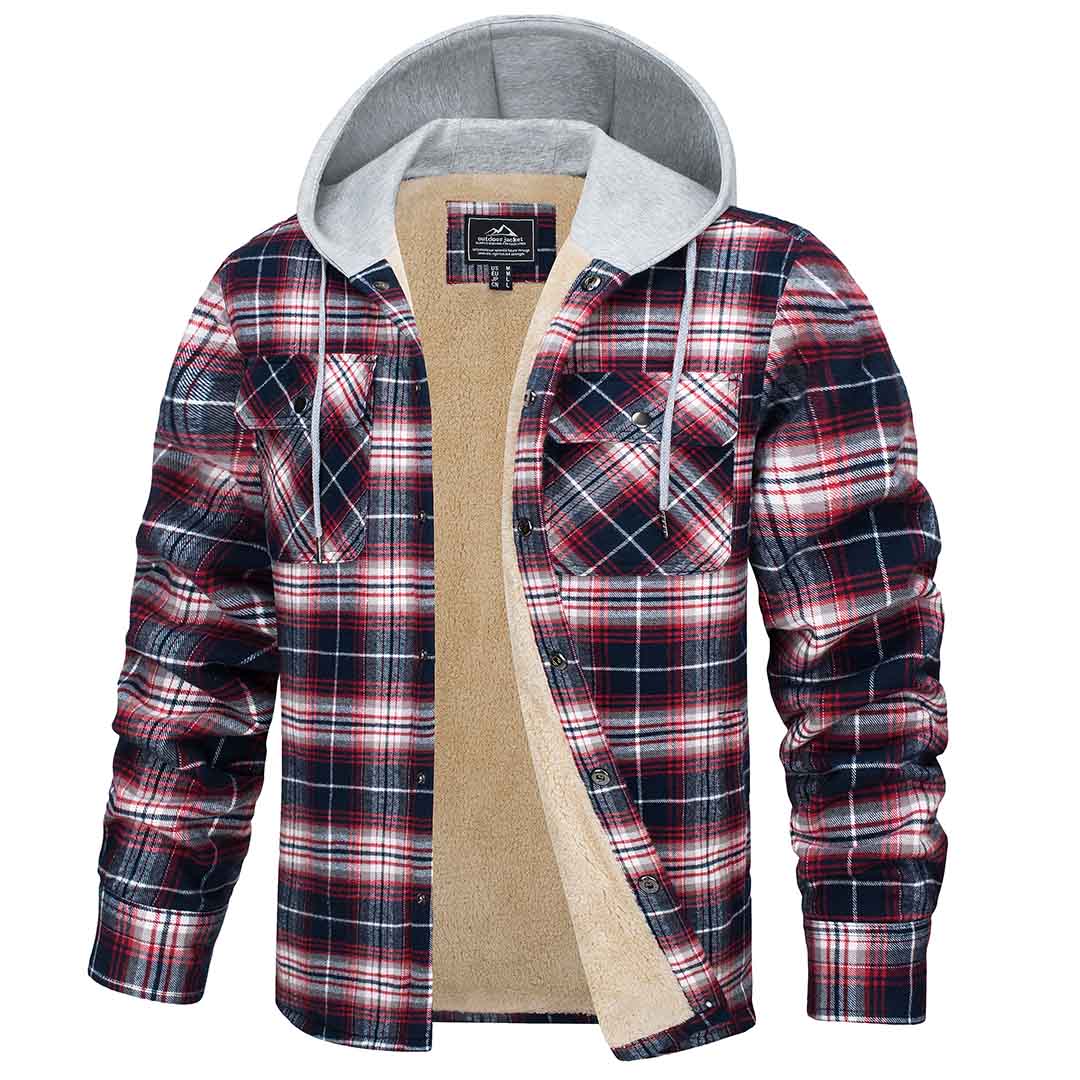 Men's Fleece Lined Plaid Hooded Multi Pocket Flannel Jacket