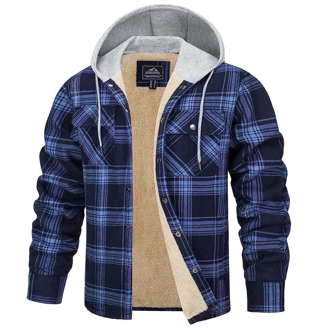 Men's Fleece Lined Plaid Hooded Multi Pocket Flannel Jacket