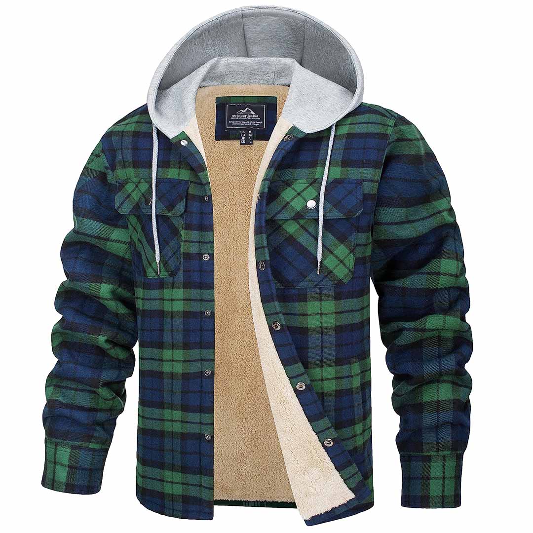 Men's Fleece Lined Plaid Hooded Multi Pocket Flannel Jacket