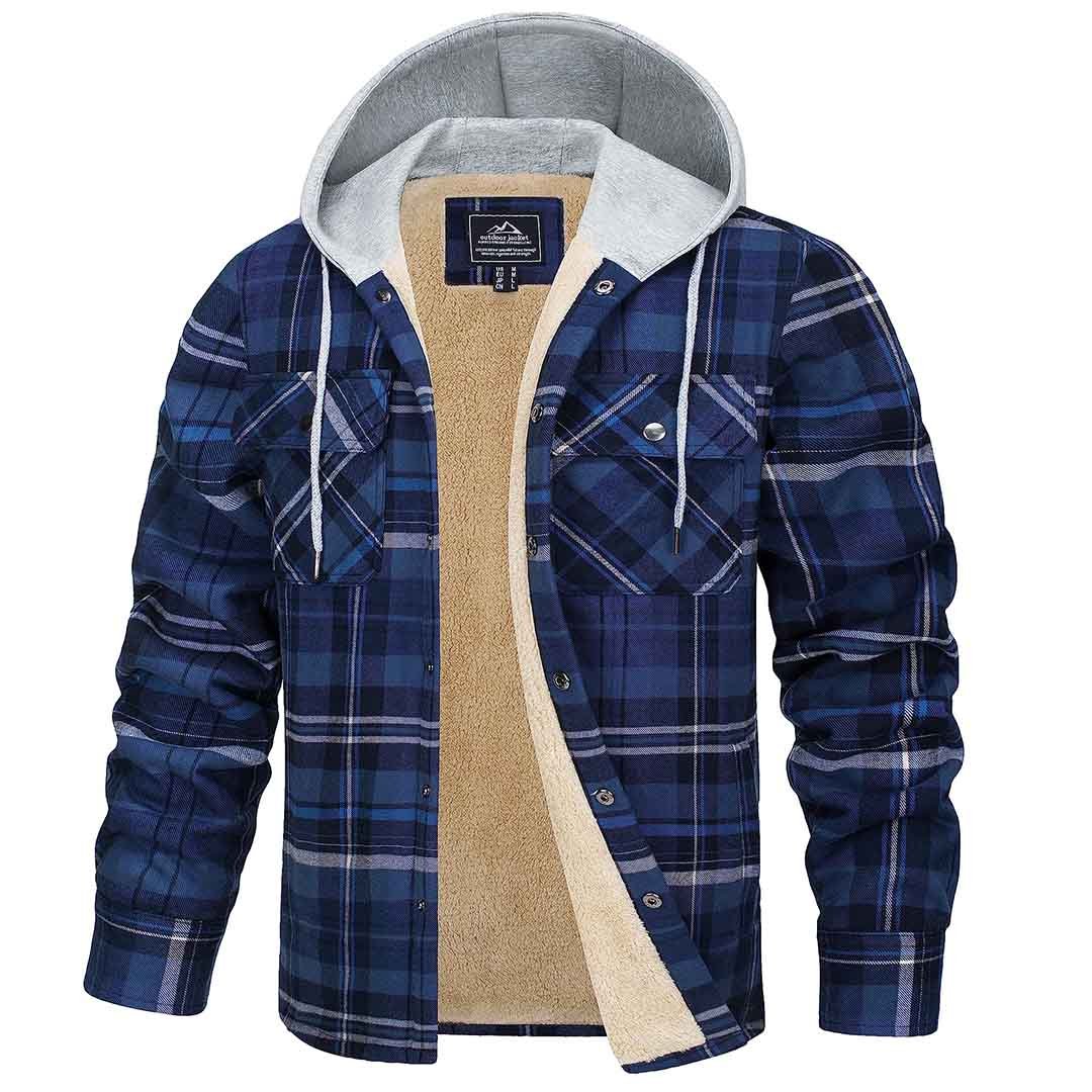 Men's Fleece Lined Plaid Hooded Multi Pocket Flannel Jacket