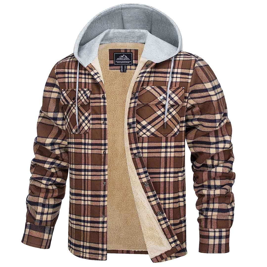 Men's Fleece Lined Plaid Hooded Multi Pocket Flannel Jacket
