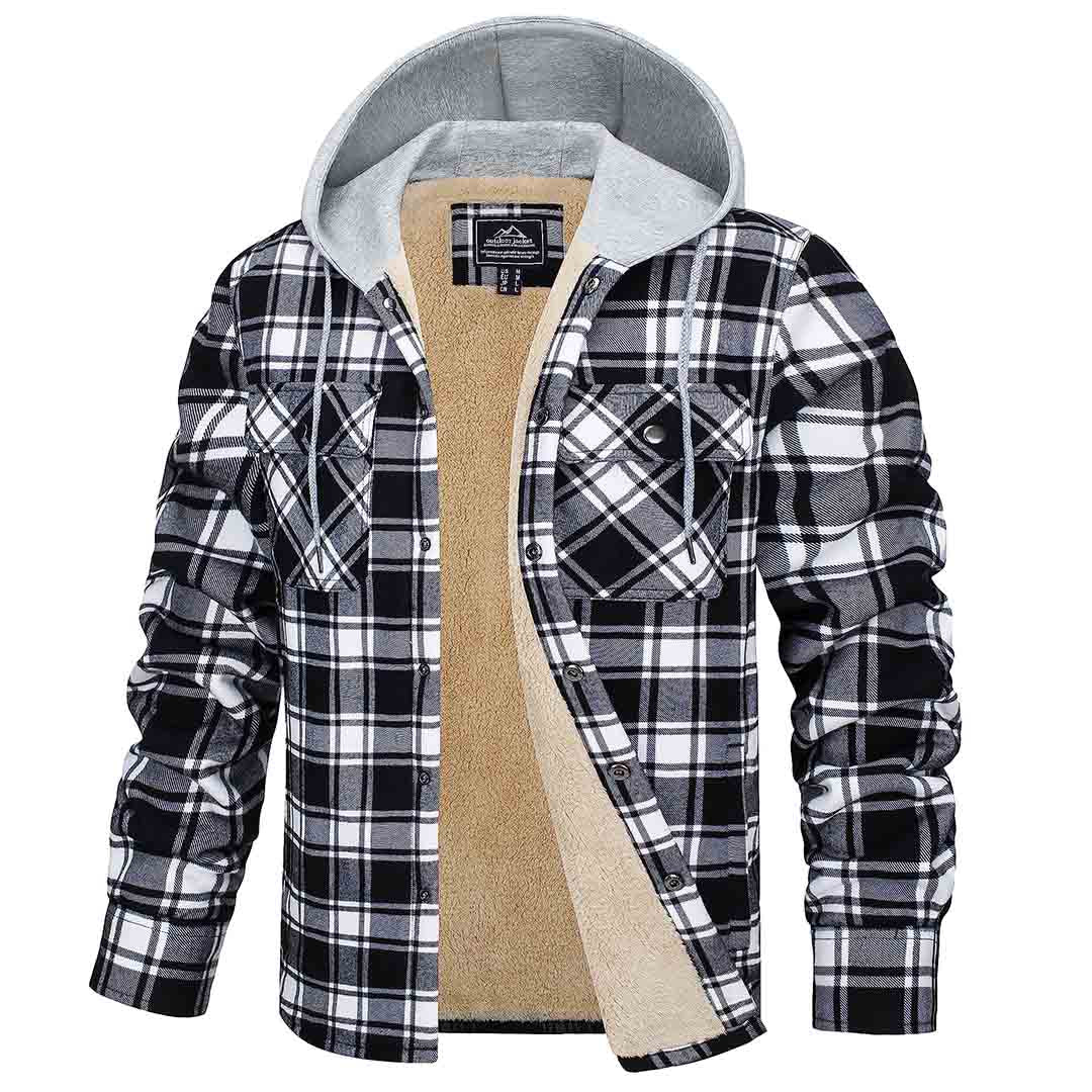 Men's Fleece Lined Plaid Hooded Multi Pocket Flannel Jacket