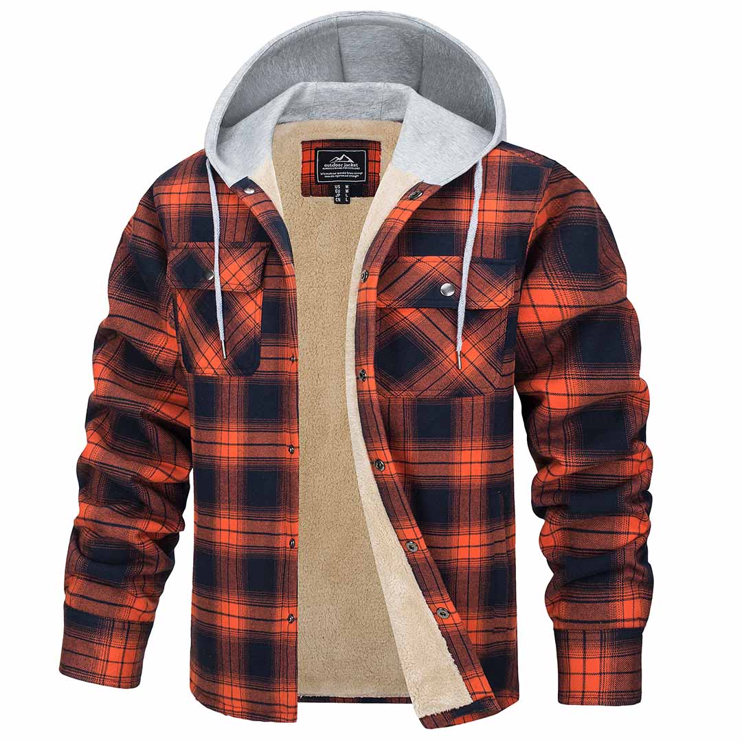 Men's Fleece Lined Plaid Hooded Multi Pocket Flannel Jacket