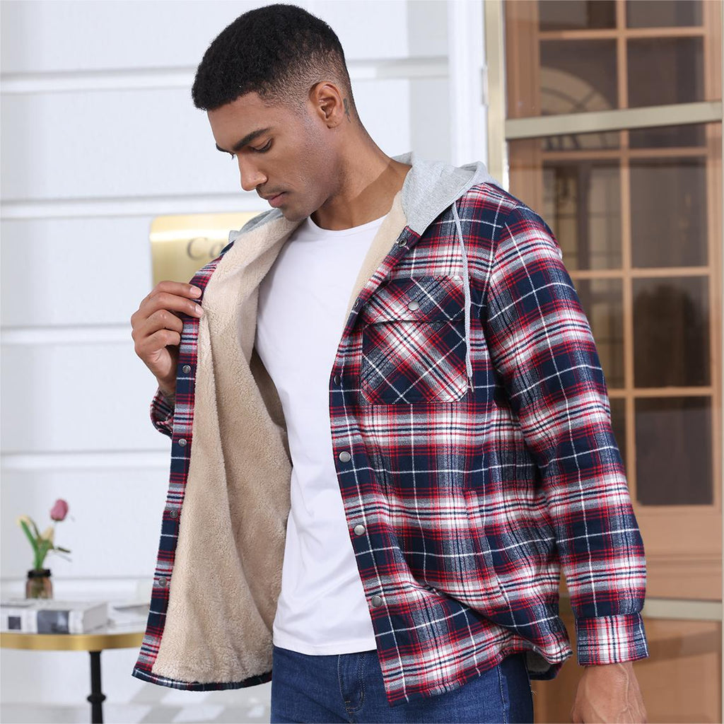 Men's Fleece Lined Plaid Hooded Multi Pocket Flannel Jacket