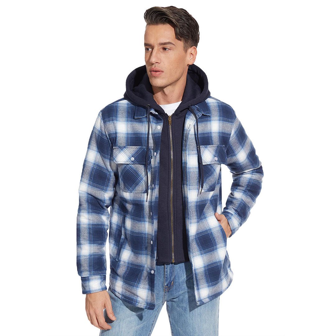 Men's Quilted Lined Thick Hooded Zip Up Flannel Jacket