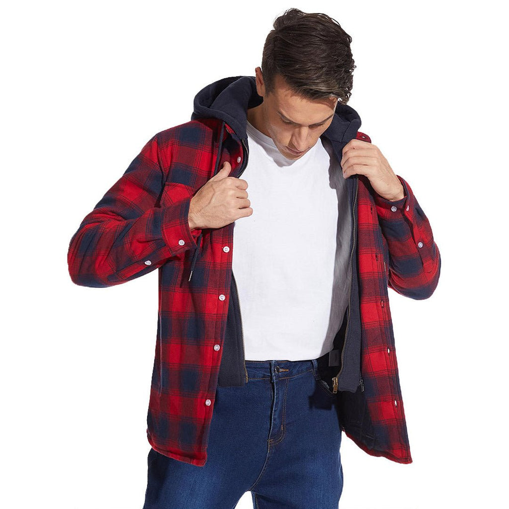 Men's Quilted Lined Thick Hooded Zip Up Flannel Jacket