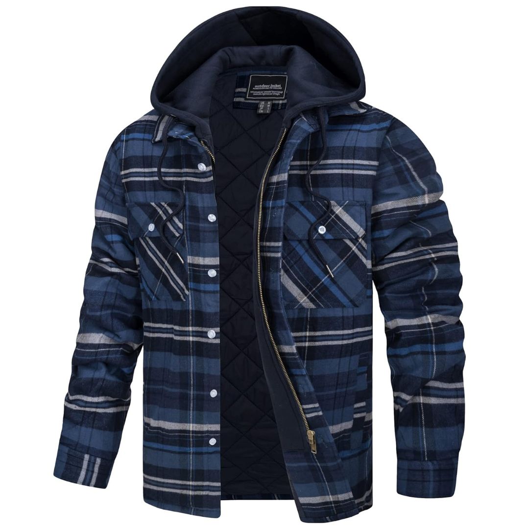 Men's Quilted Lined Thick Hooded Zip Up Flannel Jacket