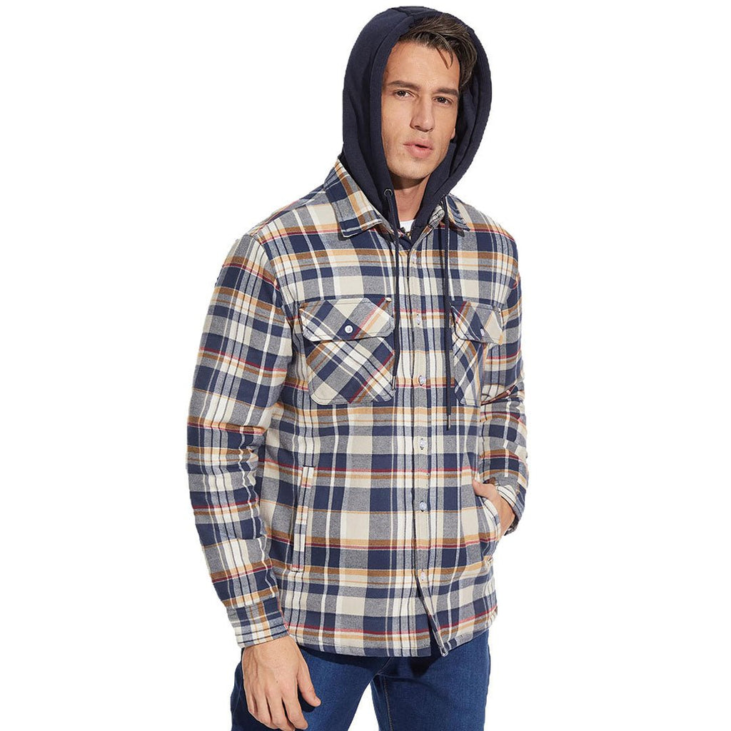 Men's Quilted Lined Thick Hooded Zip Up Flannel Jacket