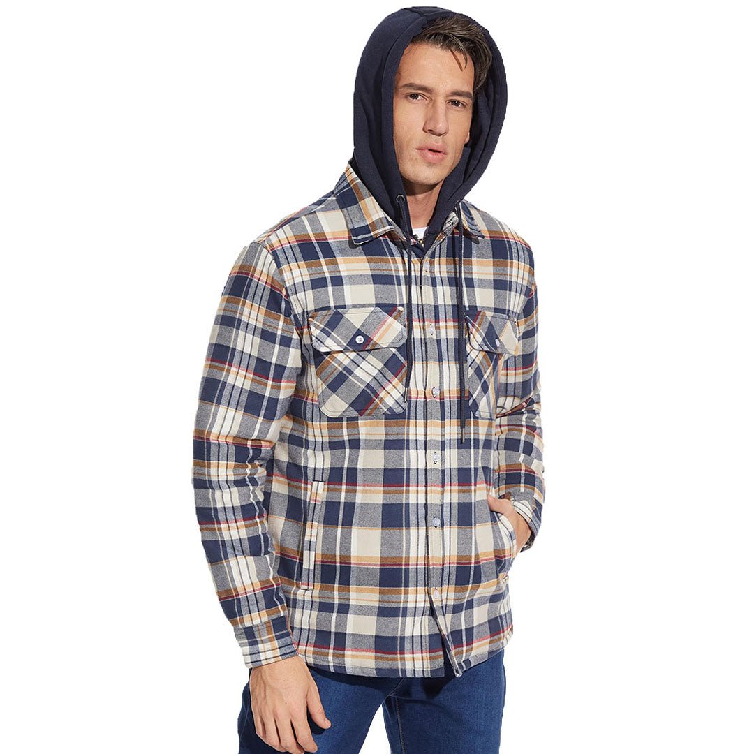 Men's Quilted Lined Thick Hooded Zip Up Flannel Jacket
