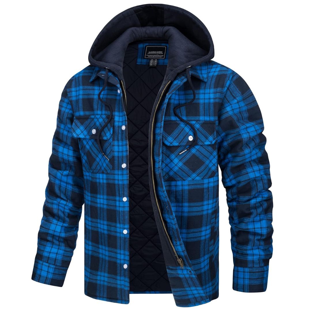 Men's Quilted Lined Thick Hooded Zip Up Flannel Jacket