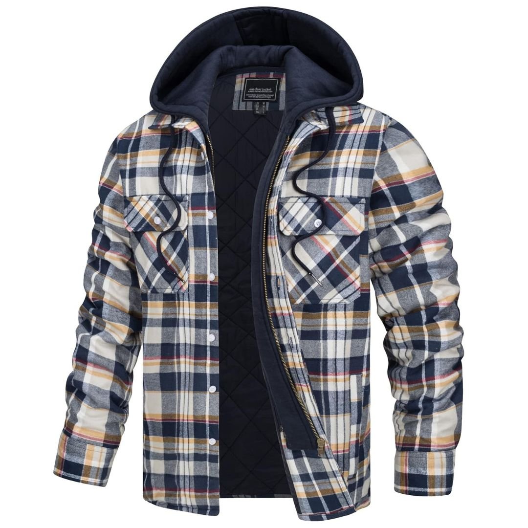 Men's Quilted Lined Thick Hooded Zip Up Flannel Jacket