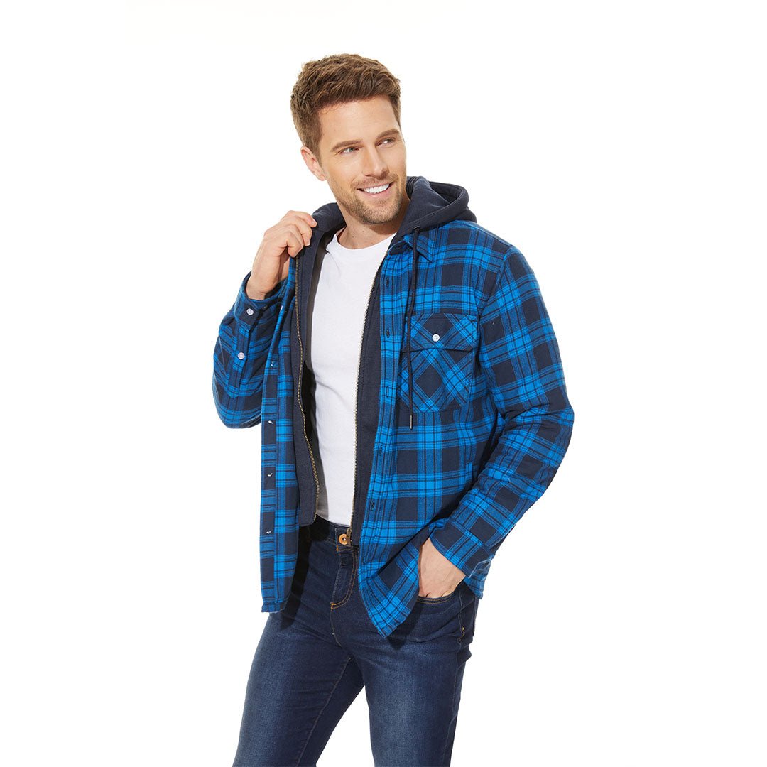 Men's Quilted Lined Thick Hooded Zip Up Flannel Jacket