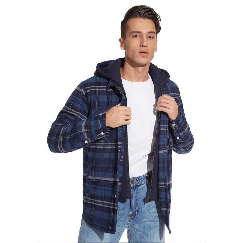 Men's Quilted Lined Thick Hooded Zip Up Flannel Jacket
