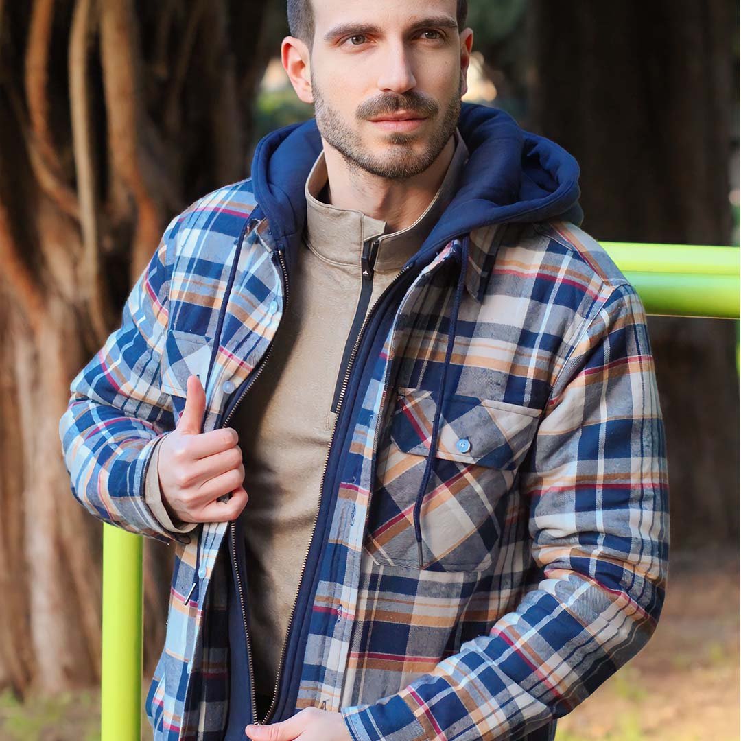 Men's Quilted Lined Thick Hooded Zip Up Flannel Jacket