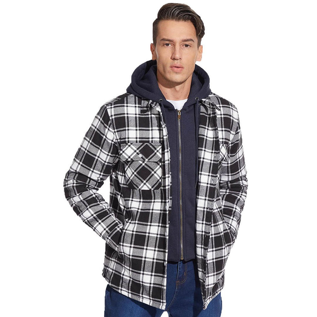 Men's Quilted Lined Thick Hooded Zip Up Flannel Jacket