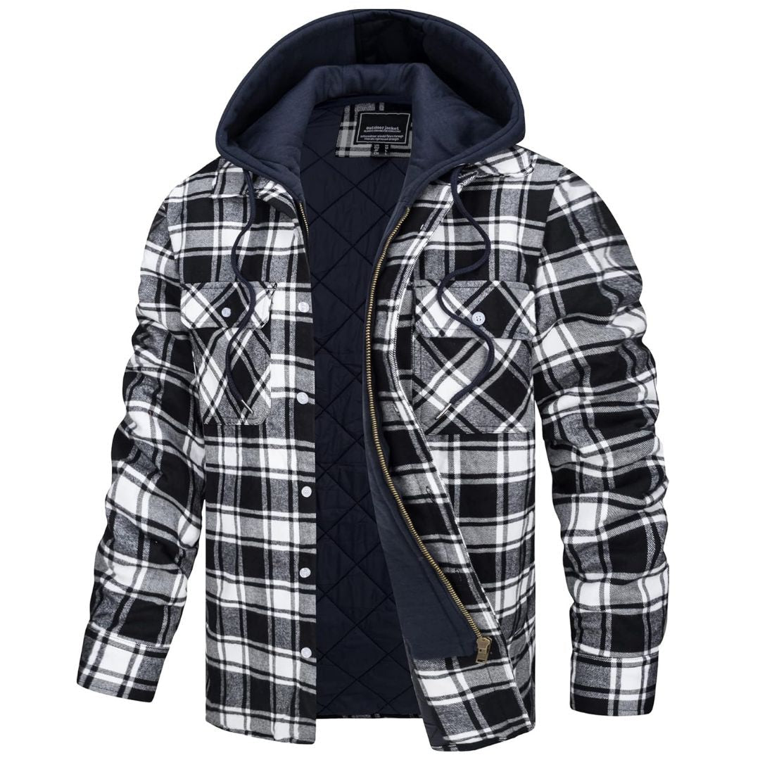 Men's Quilted Lined Thick Hooded Zip Up Flannel Jacket