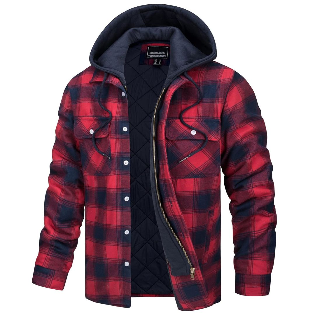 Men's Quilted Lined Thick Hooded Zip Up Flannel Jacket