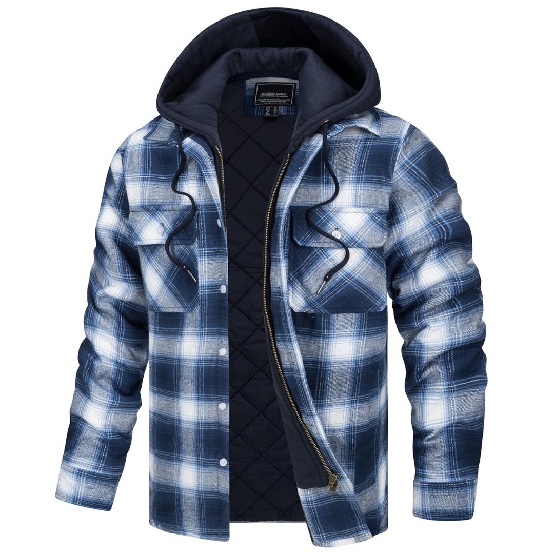 Men's Quilted Lined Thick Hooded Zip Up Flannel Jacket
